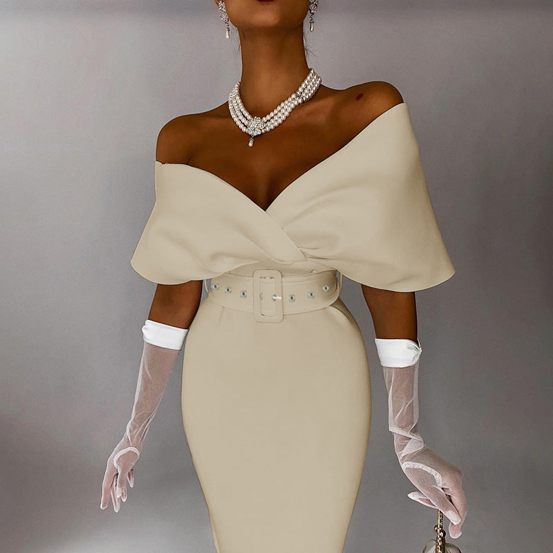 Off Shoulder Draped Cap Sleeve Wrap Belt Grommet Bodycon Midi Dress