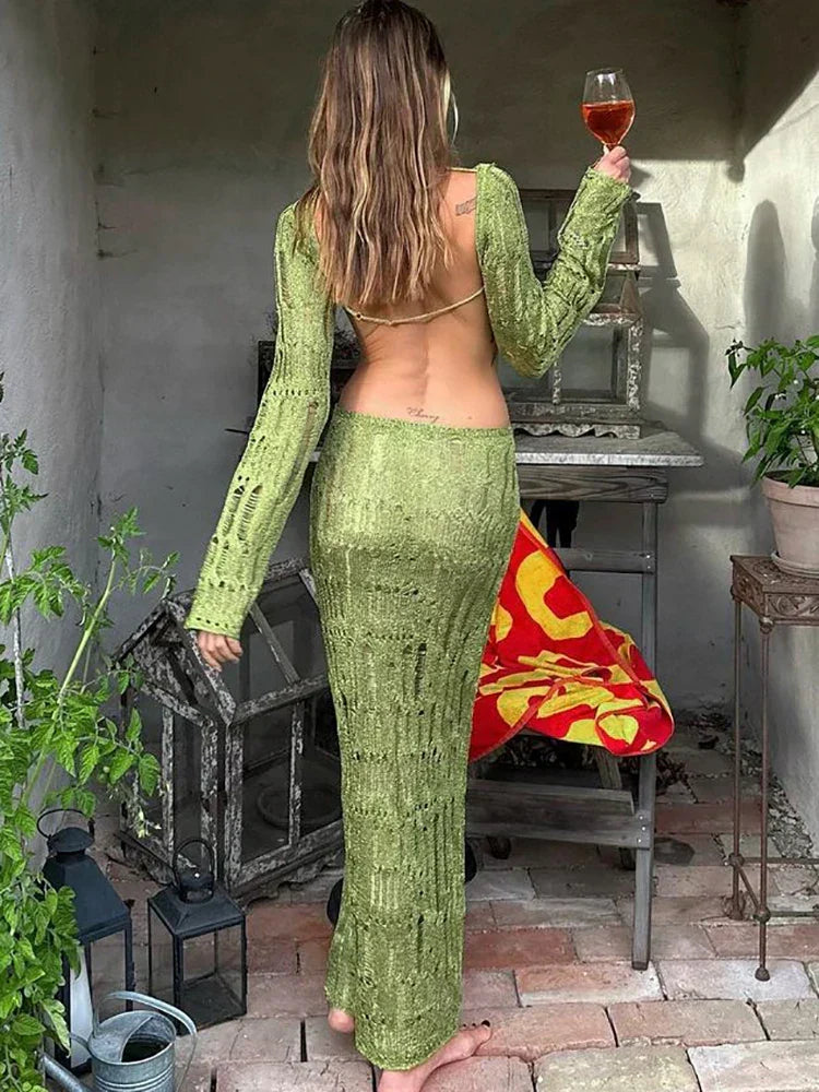 Knit Open Weave Mock Neck Long Sleeve Side Cut Out Bodycon Maxi Dress