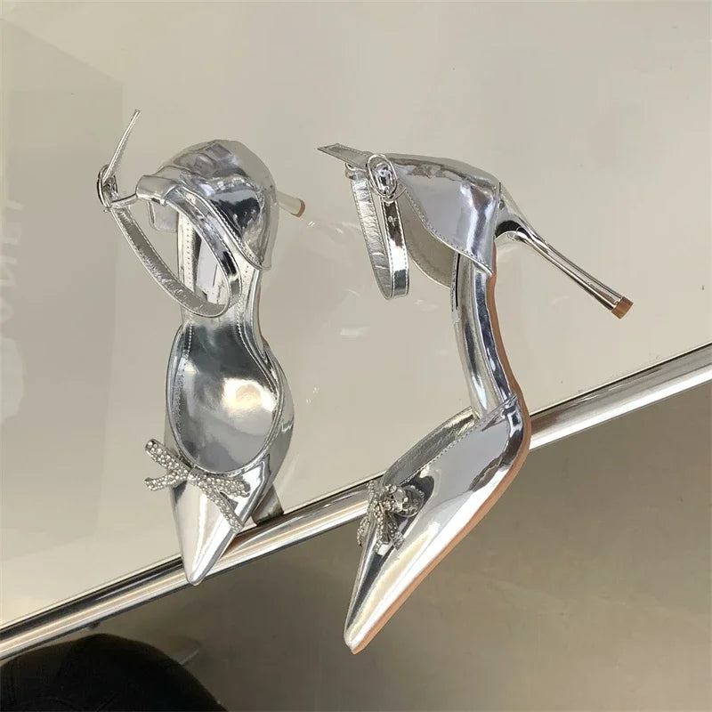 Crystal Butterfly-knot Pointed Toe Buckle Strap Women Pumps Sandals with Thin High Heels