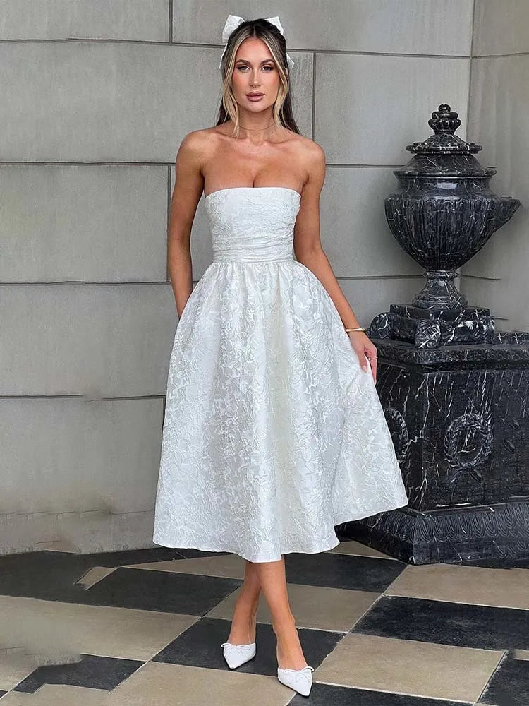 Jacquard Strapless Bow Back Fit and Flare Mini Dress