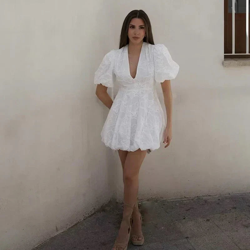 Claudia Minimalist White Mini Dress with Puff Sleeves Elevated Occasion Wear