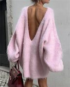 Trendix Loose Backless Knit Pullover For Women's 2024 Sexy Off Shoulder Long Sleeve Sweater Femme Solid Casual Knitwear Cover-up