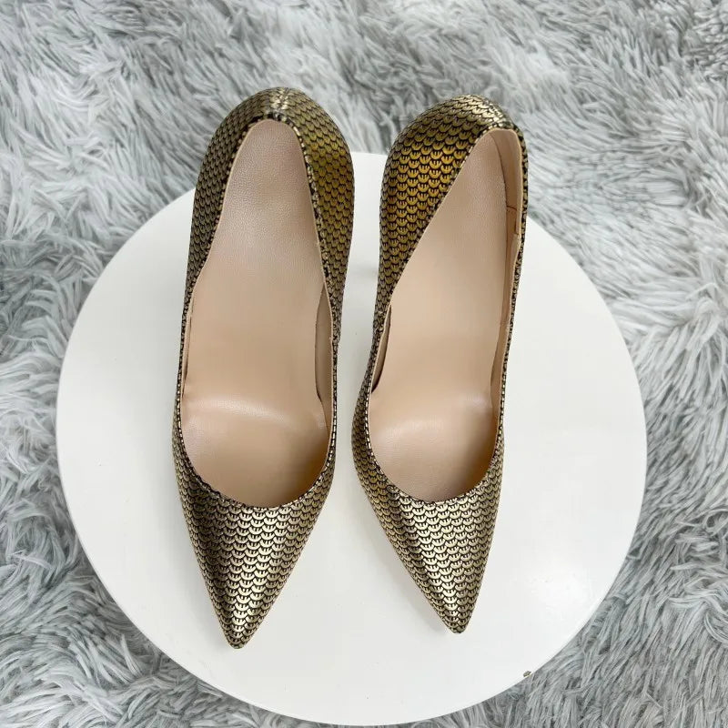 Gold Fish Scale Pointy Toe High Heel Shoes for Women