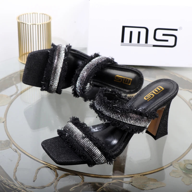 Denim women slippers with new rhinestone plush stiletto heels