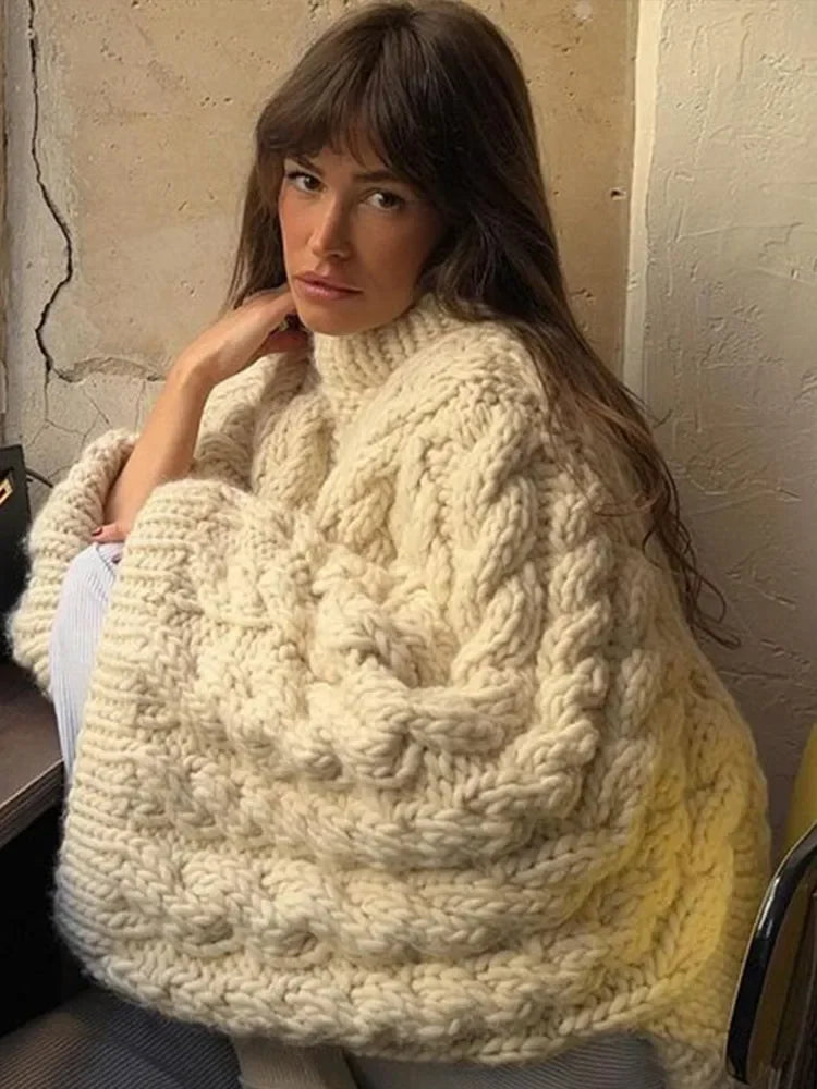 Loose Knitted Women's Sweater High Neck Wide Long Sleeve Female Knitwear Tops 2024 Autumn Winter Fashion Oversized Lady Pullover