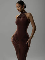 Ribbed Knit Halter Neck Ruched Hip High Split Maxi Dress