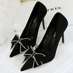 Rhinestone Bowknot Suede High Heels for Women - Sexy Party Shoes