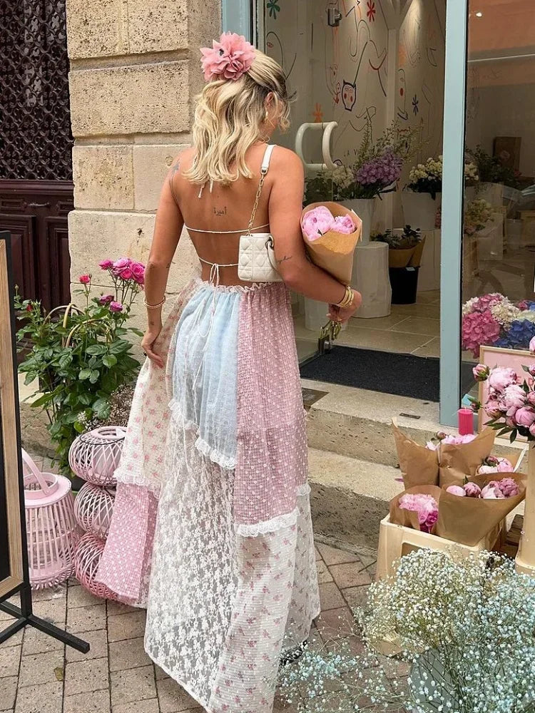 Elegant Print Lace Patchwork Spaghetti Strap Dress Women Halter Backless Sleeveless Dresses Summer Lady Sweet High Street Robe