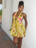 Tie-Dye Print Halter Deep V-Neck Flared Mini Dress