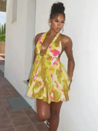 Tie-Dye Print Halter Deep V-Neck Flared Mini Dress
