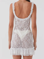 Sheer Floral Lace Sweetheart Neck Tie Front Ruffle Strap Tiered Hem Mini Dress