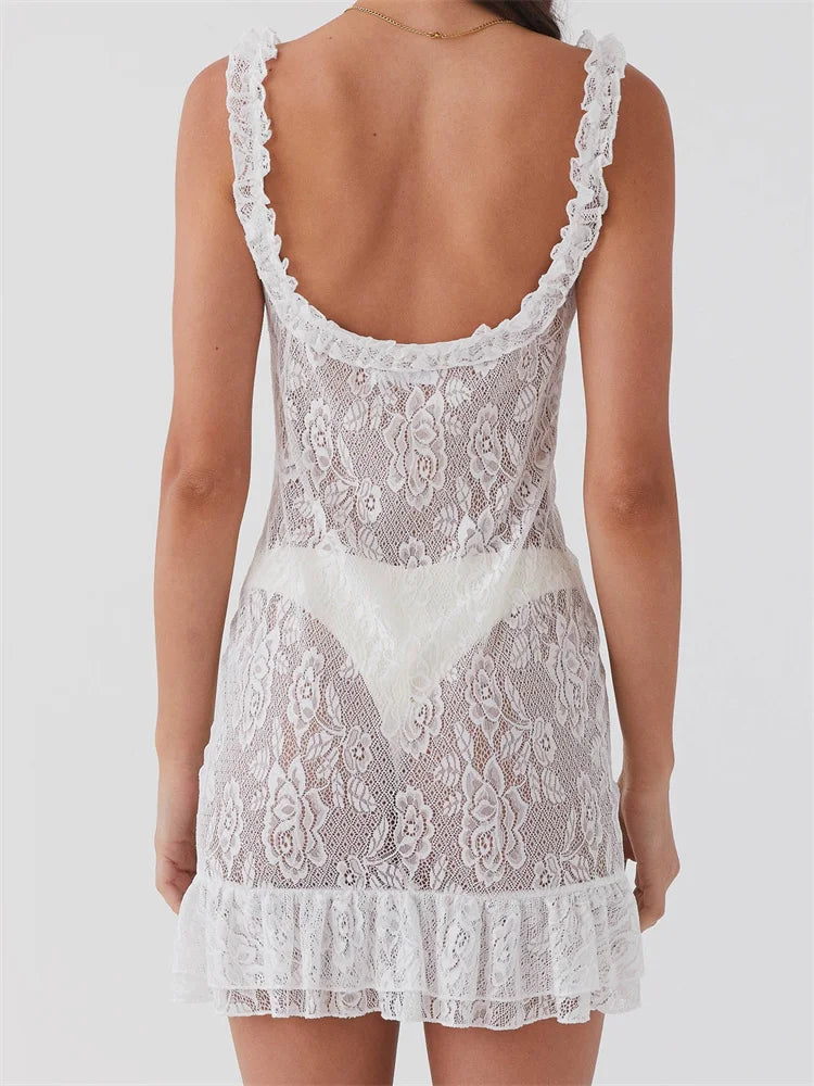 Sheer Floral Lace Sweetheart Neck Tie Front Ruffle Strap Tiered Hem Mini Dress