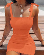 Smocked Square Neck Tie Shoulder Lettuce Hem Bodycon Mini Dress