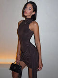 Mock Neck Side Ruched Sash Draped Bodycon Mini Dress