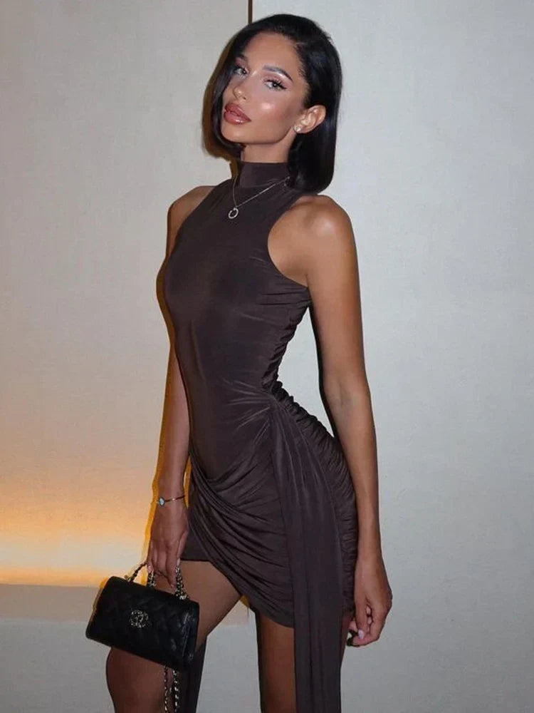 Mock Neck Side Ruched Sash Draped Bodycon Mini Dress