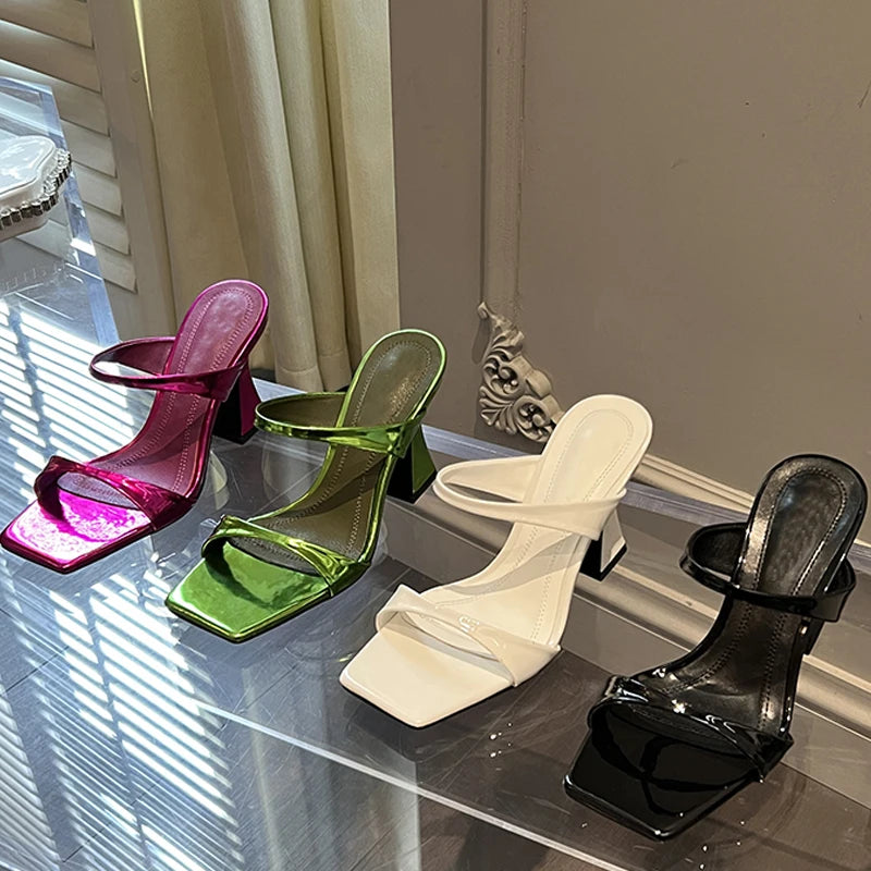 Square Toe High Heel Slippers with Elegant and Strange Design for Women