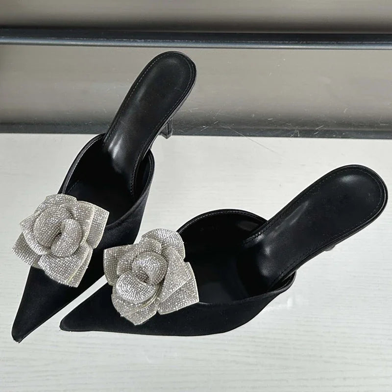 CRYSTAL Flower Silk Pointed Toe Slippers for Women