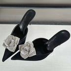 CRYSTAL Flower Silk Pointed Toe Slippers for Women