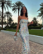 Large Sequin Disk Spaghetti Strap Square Neck Column Midi Dress