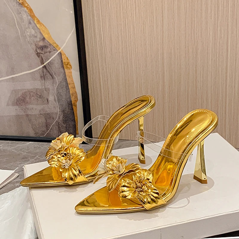 Leather Flowers Pointed Toe Thin High Heels Modern Slippers Women Sandals