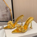 Leather Flowers Pointed Toe Thin High Heels Modern Slippers Women Sandals