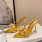 Leather Flowers Pointed Toe Thin High Heels Modern Slippers Women Sandals