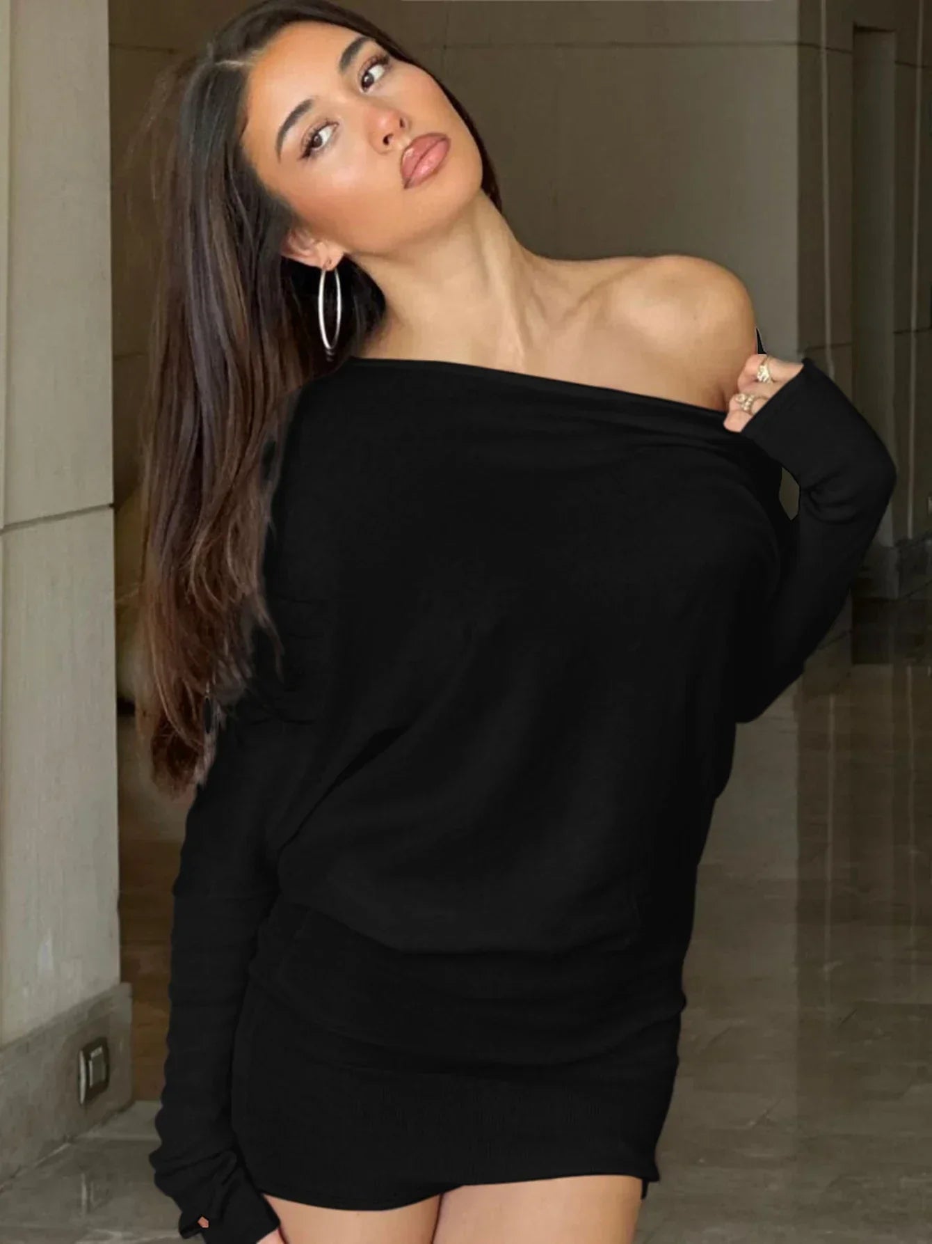 Off Shoulder Thumbhole Sleeve Crop Top and Bodycon Mini Skirt Set