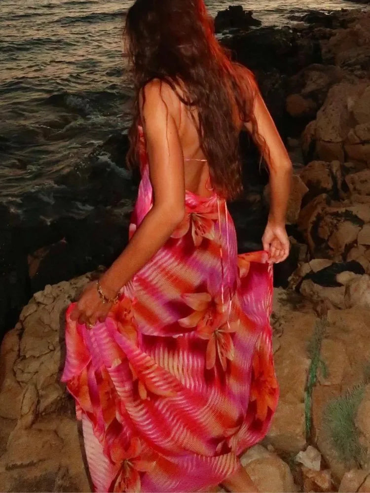 Lily Floral Print Abstract Wave Stripe Spaghetti Strap High Split Maxi Dress