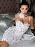 Floral Lace Corset Spaghetti Strap Eyelash Lace Trim Bodycon Midi Dress