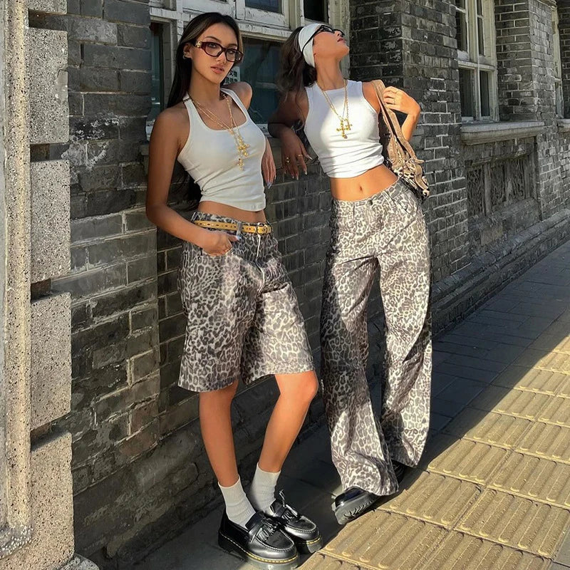 New Leopard Print Retro Straight Long Pants For Women Loose Slightly Flared Trousers Female Streetwear Club Party Pants