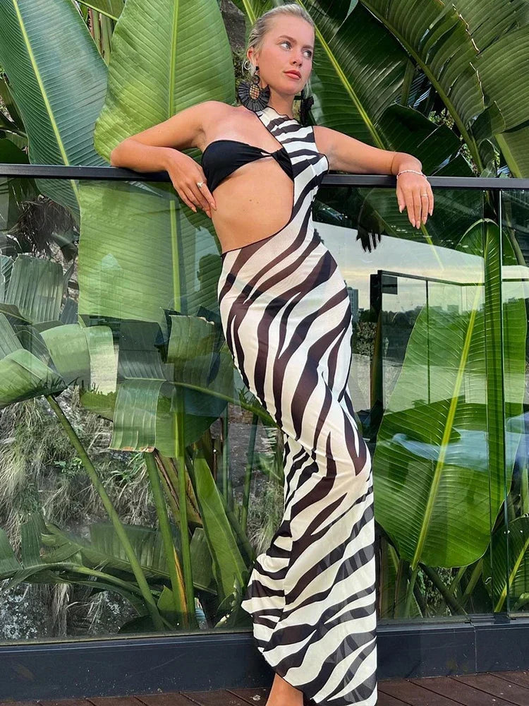 Zebra Print One Shoulder Side Cut Out Mesh Bodycon Maxi Dress