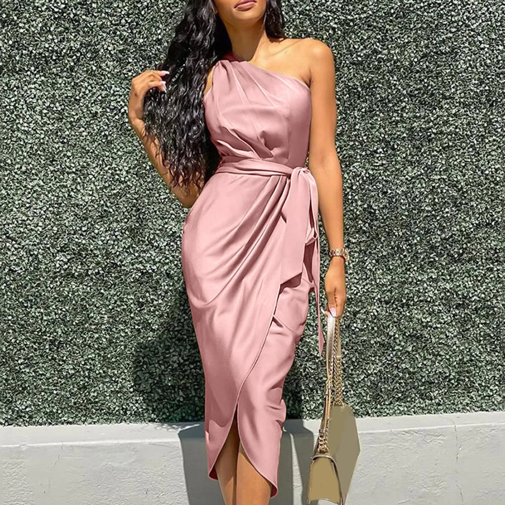 One Shoulder Ruched Wrap Tie Waist Tulip Hem Midi Dress
