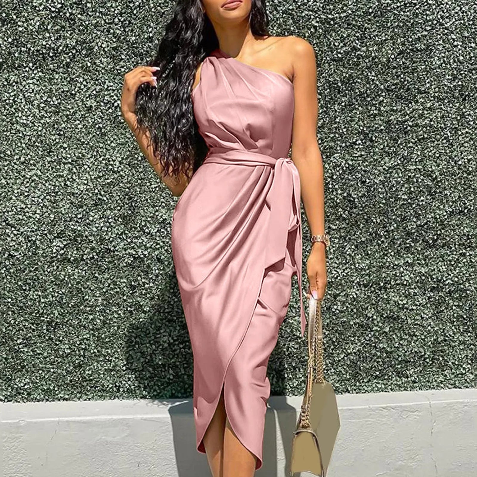 One Shoulder Ruched Wrap Tie Waist Tulip Hem Midi Dress