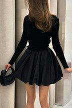 O-Neck Long Sleeved Mini Dress with High Waist
