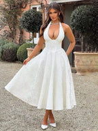Jacquard Strapless Bow Back Fit and Flare Mini Dress