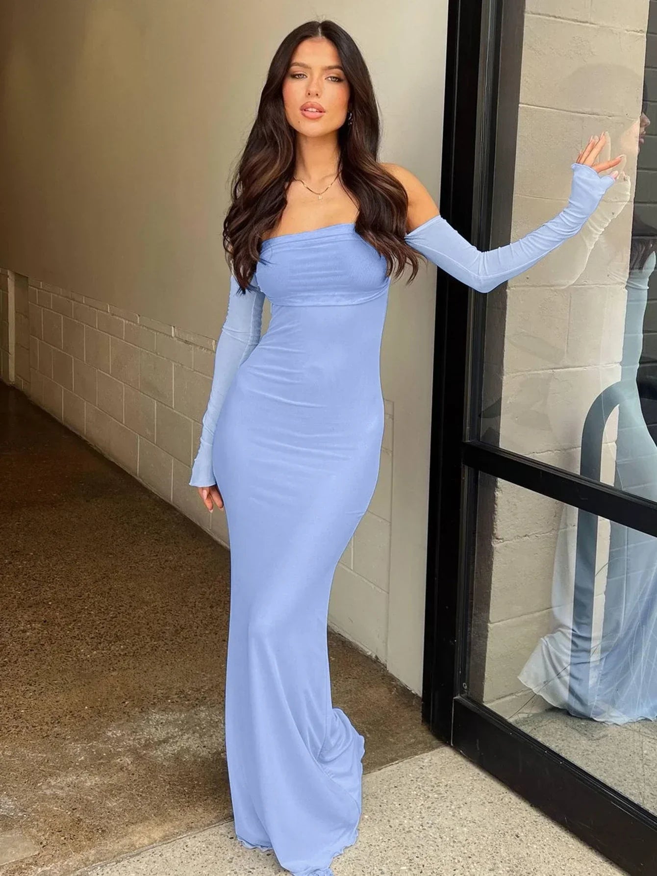 Strapless Bandeau Bodycon Maxi Dress With Detached Long Sleeve Arm Warmers