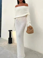 Off Shoulder Textured Knit Bell Sleeve Ruched Collar Bodycon Mini Dress
