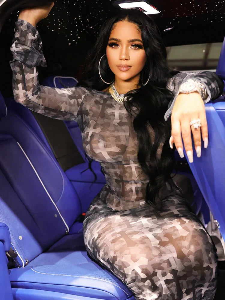 Sheer Mesh Cross Print Boat Neck Long Sleeve Bodycon Maxi Dress