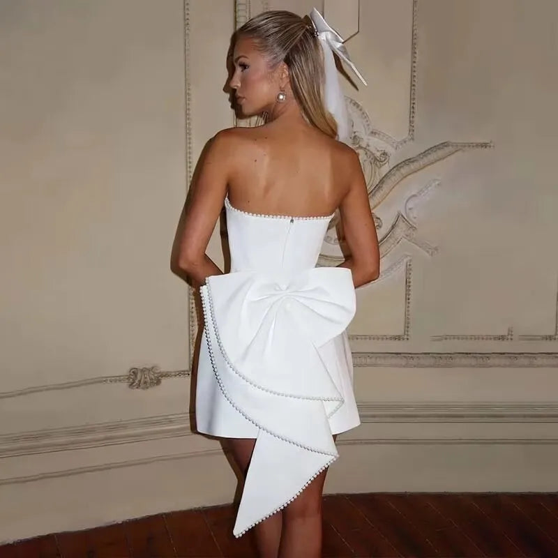 Pearl Trim Neckline Princess Seam Oversized Bow Back Fit and Flare Mini Dress