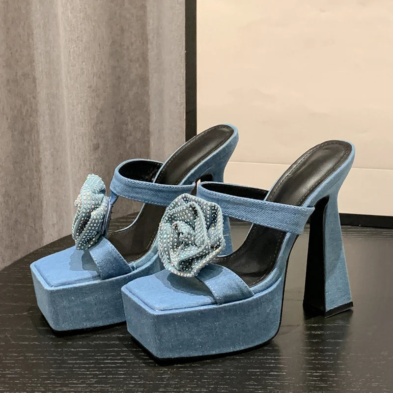 Denim CRYSTAL Flower Women Slippers with Summer Design and Peep Toe Square Heels