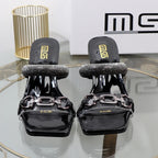 Transparent belt with metal decoration and box-shaped square Alien heel high heels