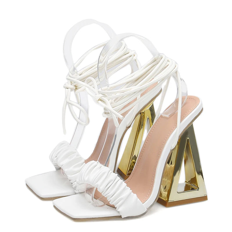 Peep Toe Gladiator Sandals with Pleated Lace-up Fretwork Heels for Women