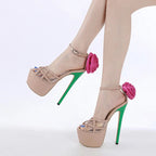 16CM Women Sandals with Rose Flowers Cover Strap and Platform High Heels