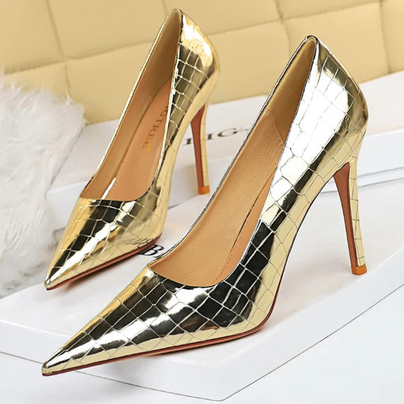Metal Stone Pattern Woman Pumps High Heels for Wedding - High Quality