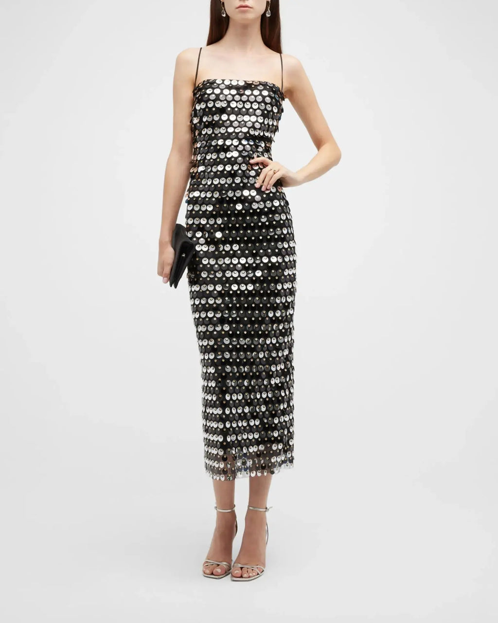 Large Sequin Disk Spaghetti Strap Square Neck Column Midi Dress