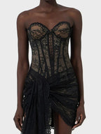 Strapless Lace Corset Sweetheart Scalloped Lace Mini Skirt Two Piece Set