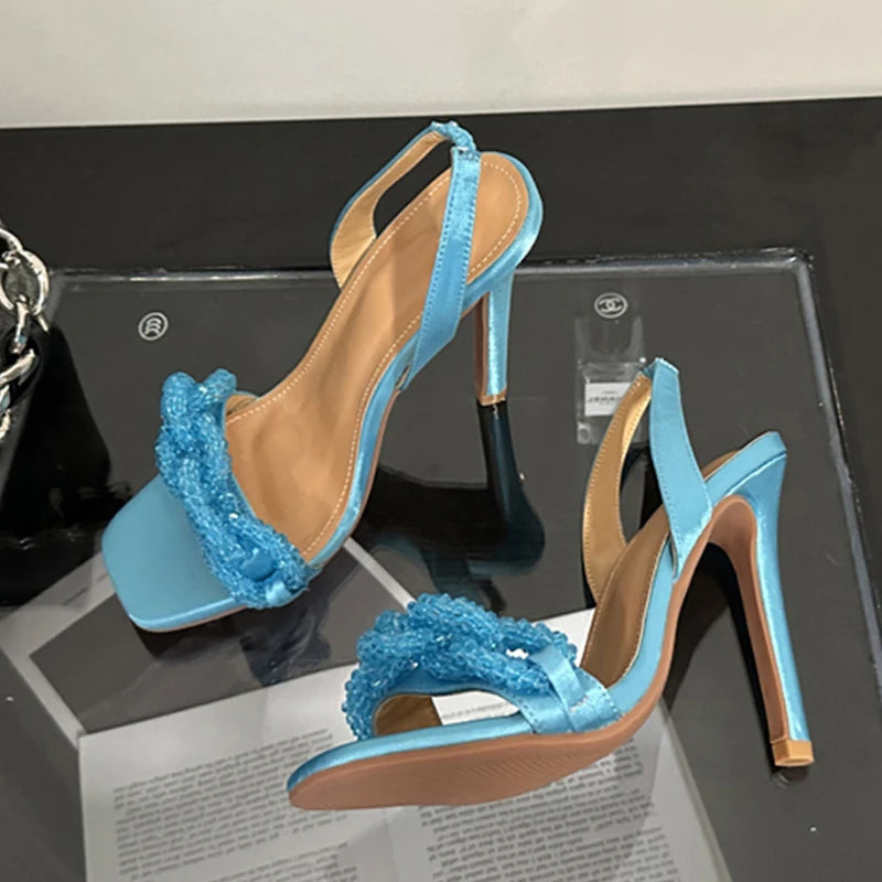 Crystal Chain Square Toe Slip On Back Strap Thin High Heels for Summer Fashion