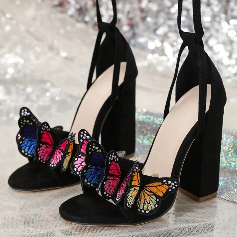 White Open Toe Sandals with Handwork Embroidery Butterfly Lace-Up High Heels for Women