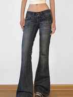 Vintage y2k Flared Jeans Retro Button-up Low Rise Casual Denim Pants Harajuku 2000s Trousers Basic Aesthetic Mom Jeans