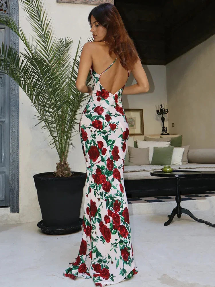 Floral Print Satin Spaghetti Strap Deep V-Neck Scarf Tie Slip Maxi Dress